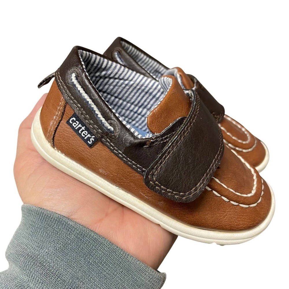 Carter's Boat Shoes Brown Faux Leather Hook Loop Toddler‎ Boys Size 6 Preppy
